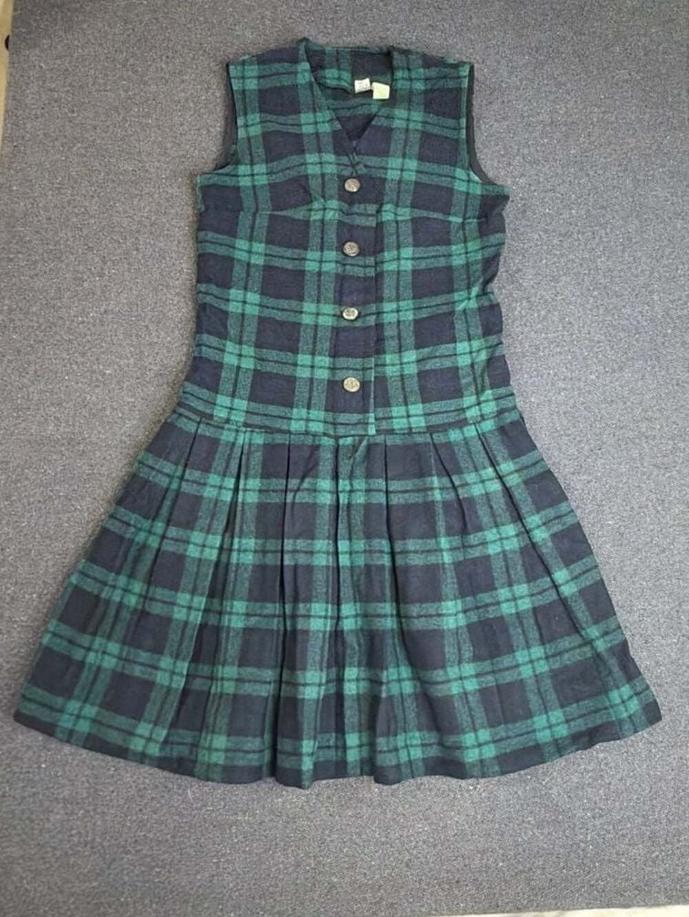 Vintage ILGWU Black Watch Plaid Pleated Jumper Dress Size 5